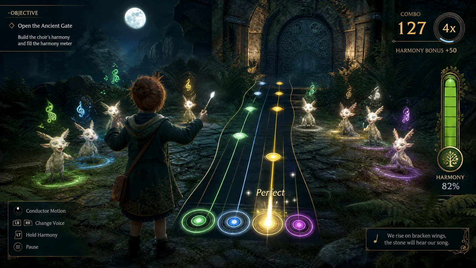 Rhythm-puzzle gameplay in a moonlit forest with timing lane, combo, harmony and objective HUD.