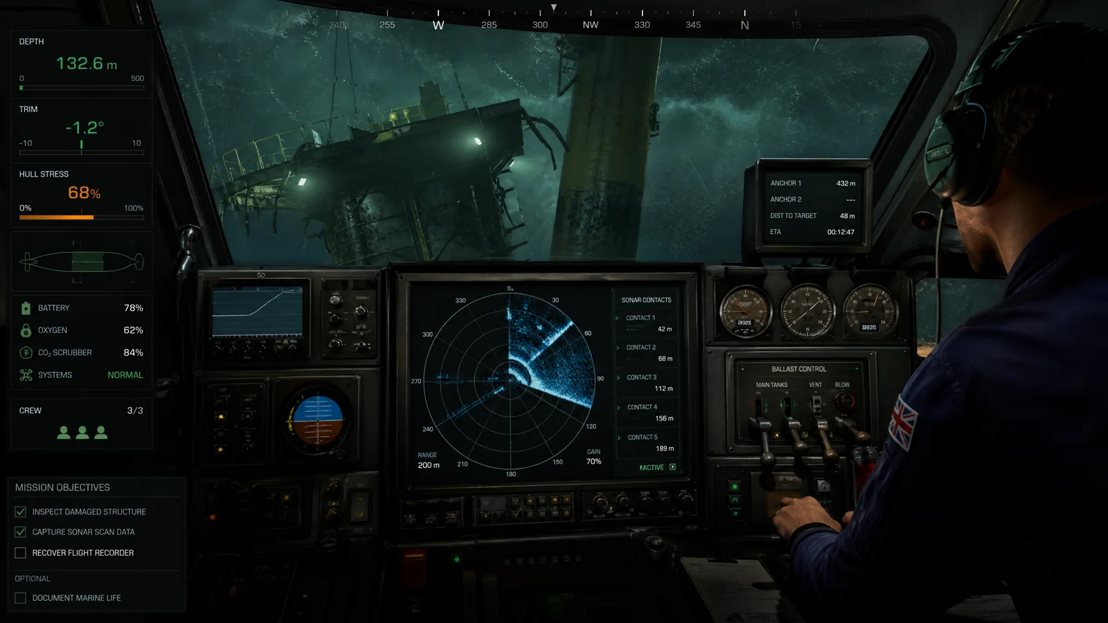 Submarine control-room gameplay with depth, trim, hull stress, sonar contacts and oxygen HUD.