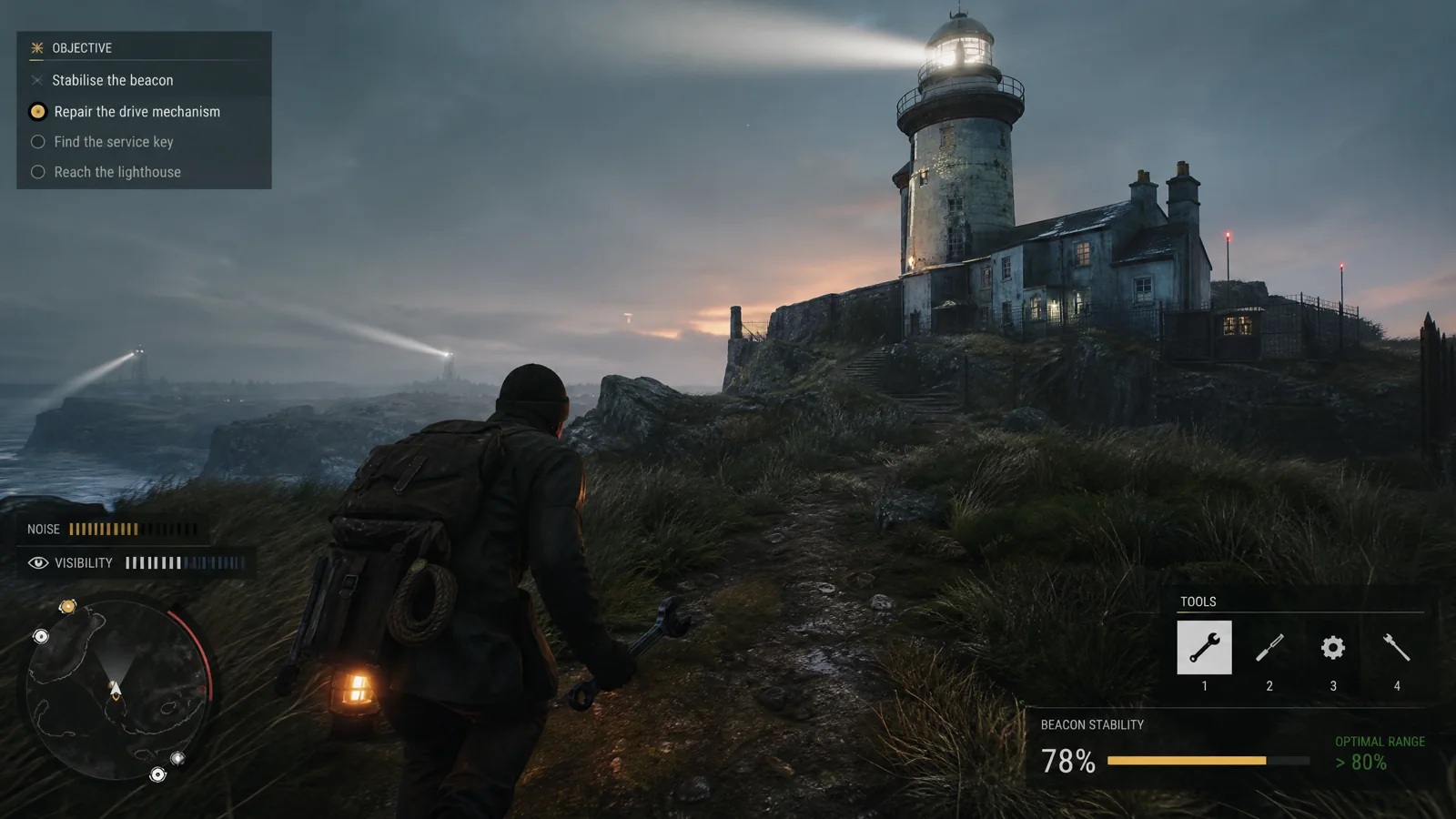 Lighthouse stealth-maintenance gameplay with noise, visibility, tools, beacon stability and objective HUD.