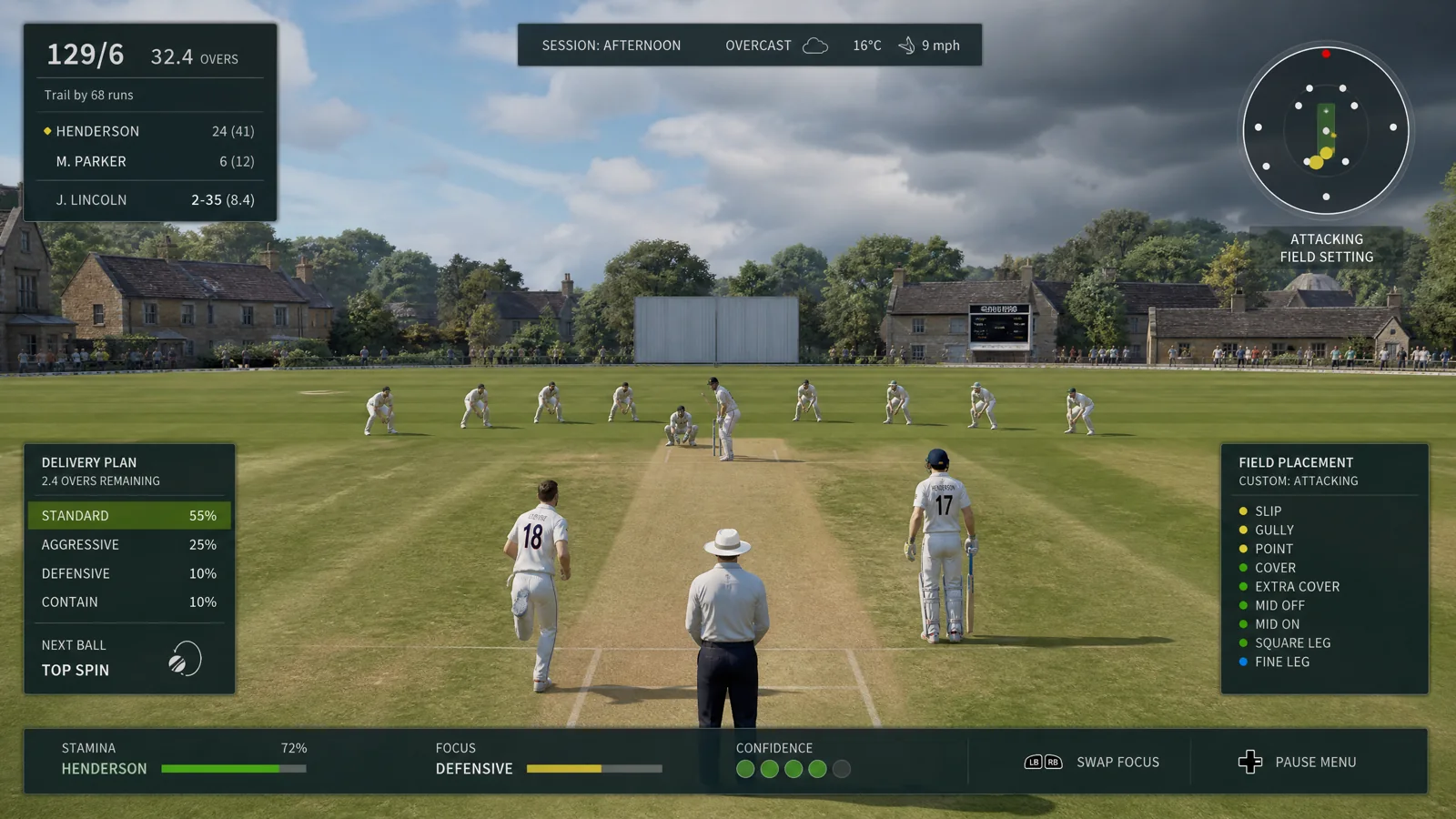 Cricket tactics gameplay on a village ground with score, overs, stamina, pitch map and delivery-plan HUD.