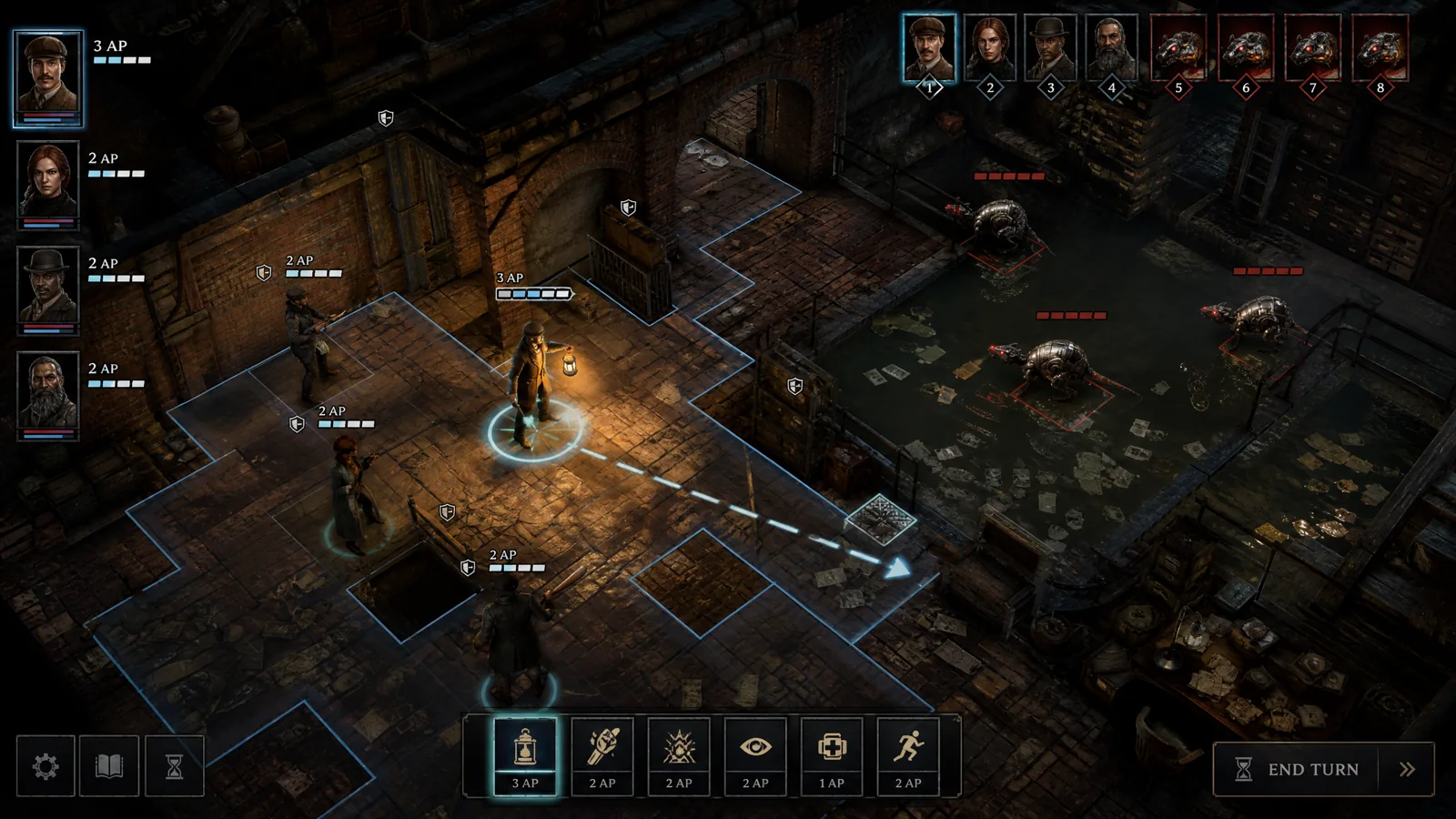 Isometric dungeon-tactics gameplay in brick tunnels with action points, cover, initiative and ability-range HUD.